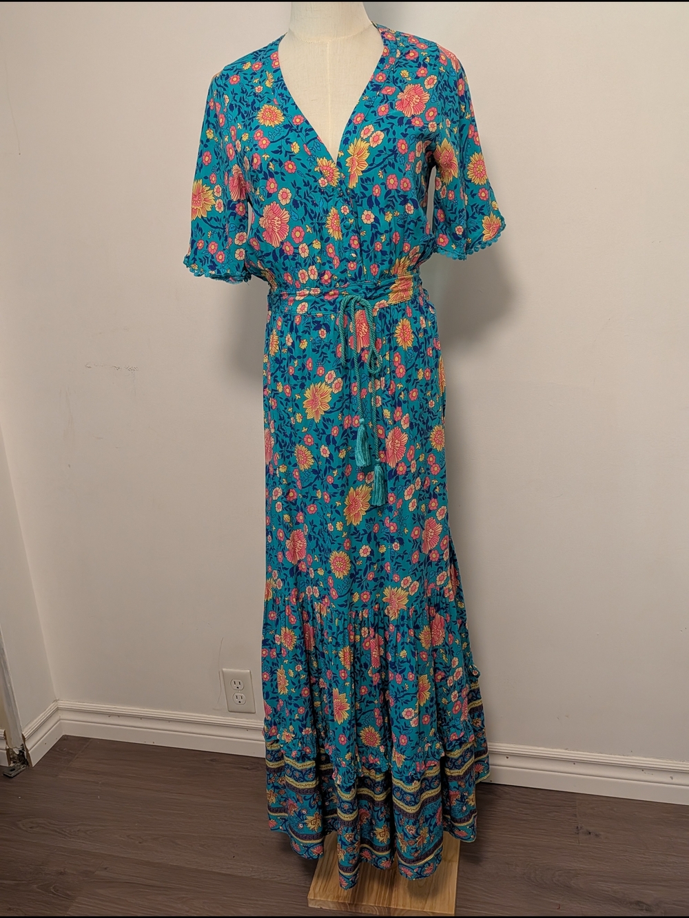 Floral Teal Maxi Dress with Tie Waist